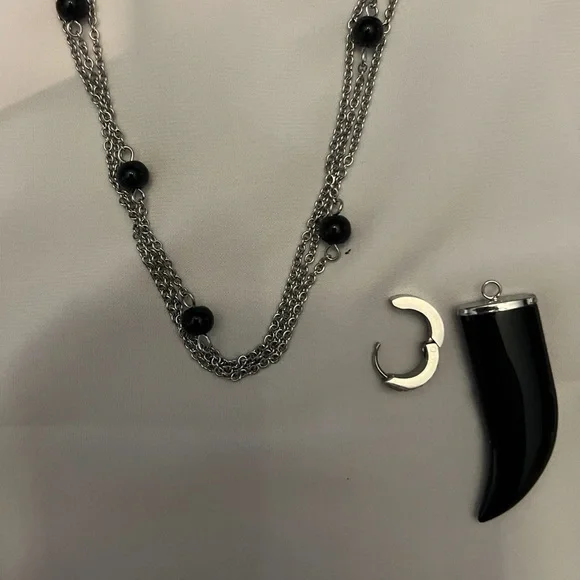 NWOT - Black Tusk Earrings & Stainless Steel Silver Necklace with Huggie & Tusk - Picture 6 of 12